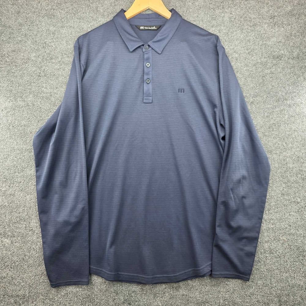 TravisMathew Mens XXL Long Sleeve Polo Shirt Grey Blue Micro Stripe 1MX545